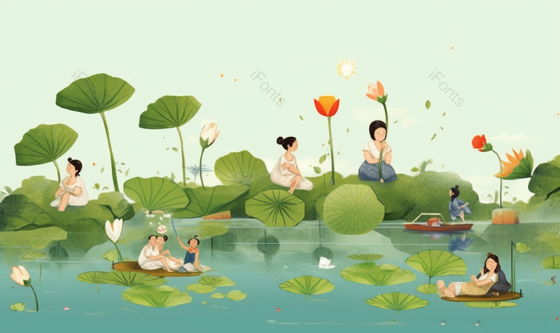 绿色夏天池塘荷叶荷花和人群插画,插画/手绘图,插画/手绘图库,插画/手绘图下载,插画/手绘